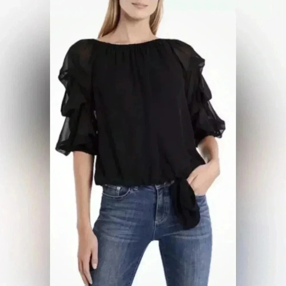 CeCe Tops - CeCe Women’s Navy Blue Off the Shoulder Bubble 3/4 Sleeve Tie at Waist Blouse M